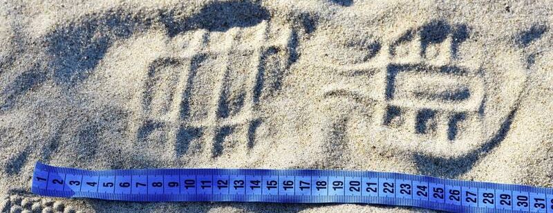 Nahaufnahme eines Schuhabdruckes im Sand neben einem blauen Maßband mit Zentimetermarkierungen.