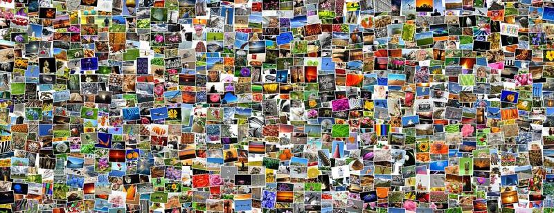 Eine große Collage aus verschiedenen farbenfrohen Bildern, darunter Landschaften, Blumen und Naturszenen.