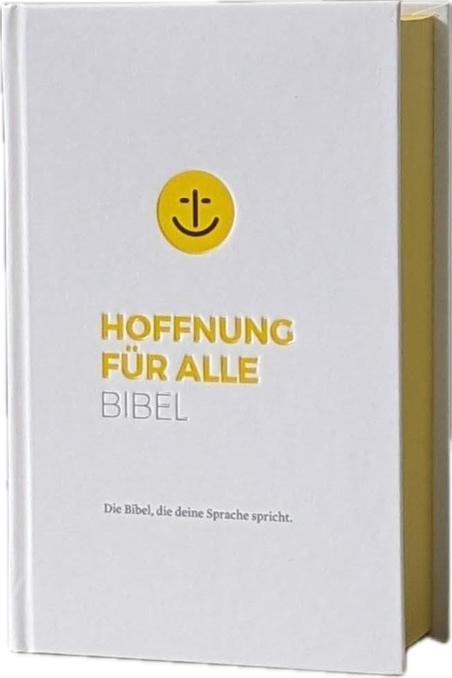 Weißes Buch mit gelbem Rücken und gelber Oberkante, dem Titel „Hoffnung für alle Bibel“ und einem Smiley auf dem Cover.