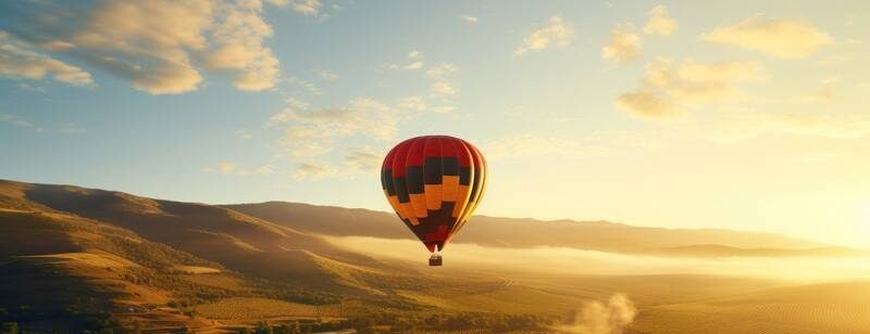 Ein bunter Heißluftballon schwebt über einer sonnenbeschienenen Landschaft mit Hügeln und einem goldenen Himmel im Hintergrund.